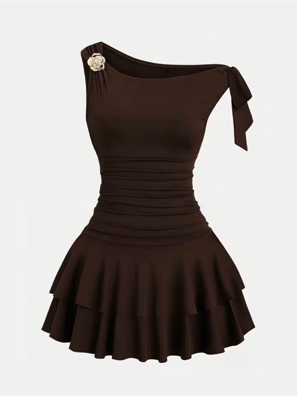 Women’s One-Shoulder Chocolate Brown Ruffle Dress Small